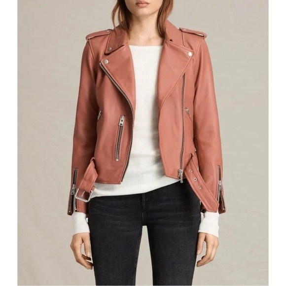 All Saints Balfern Biker Jacket - Coral Pink Red Lamb Leather Belted Jacket sz 6 - Picture 11 of 16